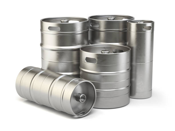 istock Metal beer kegs isolated on white background 697389628