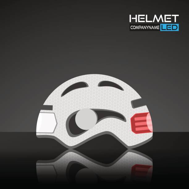 istock Vector promotion poster of bicycle helmet with flashlight and reflection on the dark gray background. 697392616