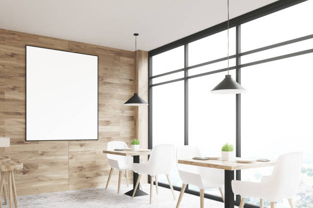 istock Light wooden bar corner, tables 697393340