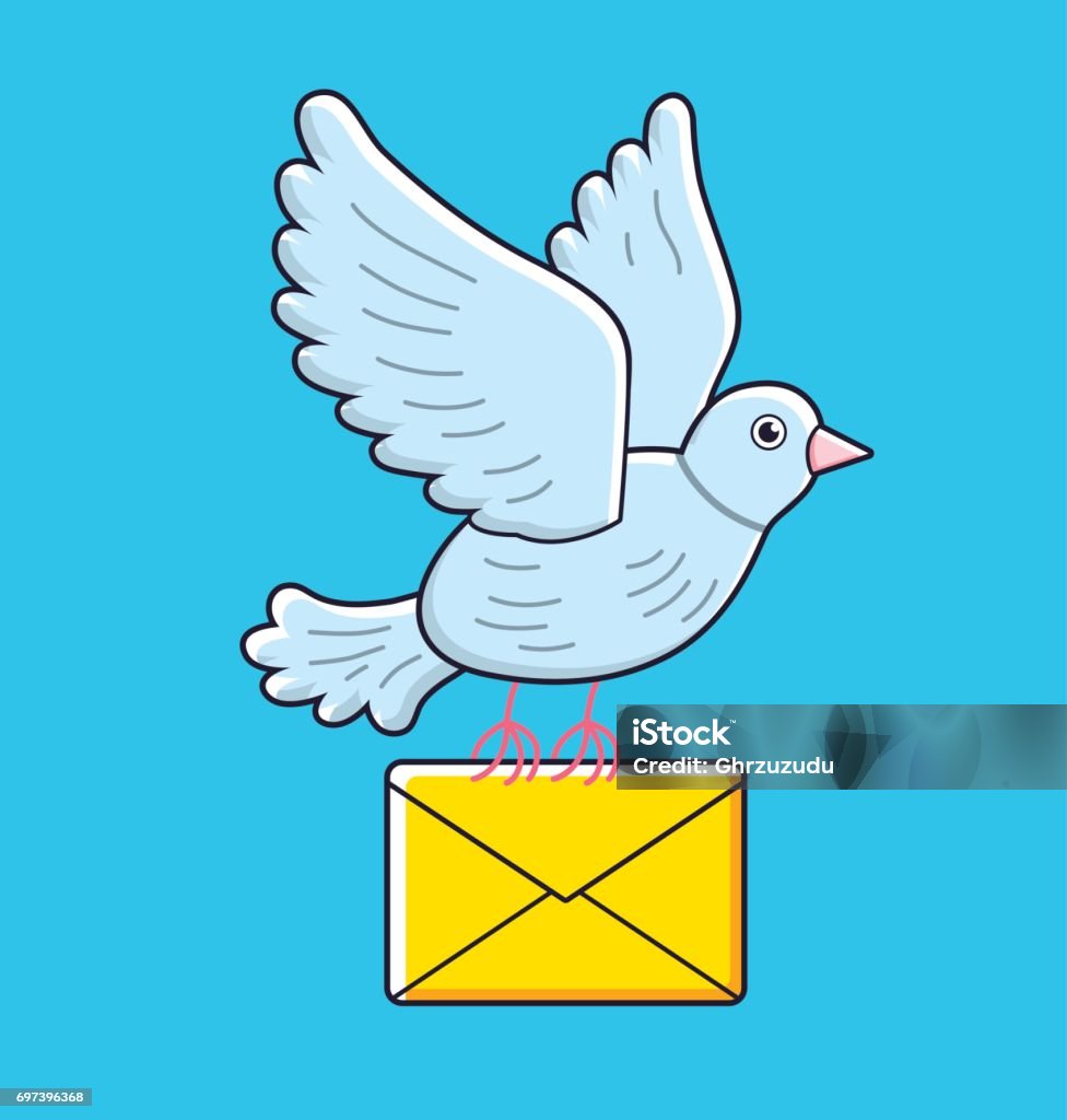 Pigeon bird flying with a yellow envelope. Dove mail. White pigeon bird flying with a yellow envelope. Dove mail illustration. Animal Wing stock vector