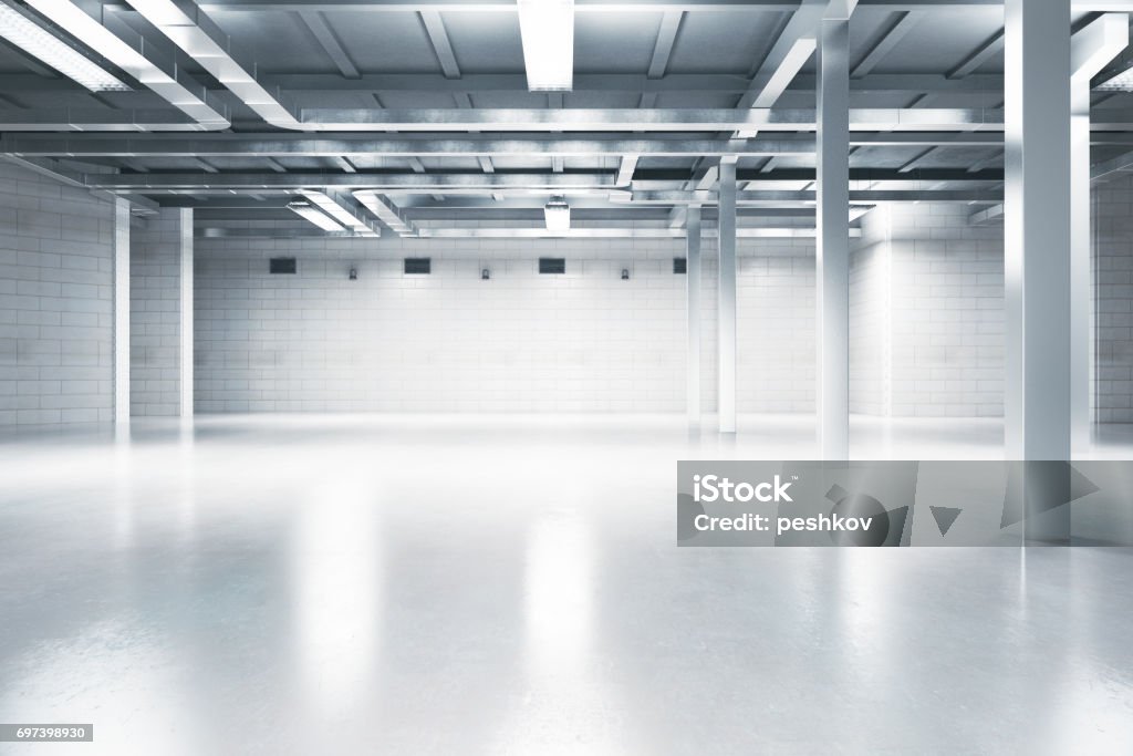 Light interior with blank wall Front view of modern light interior with blank wall. Mock up, 3D Rendering Flooring Stock Photo