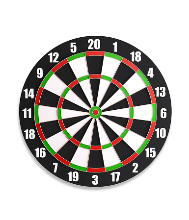 Dartboard and darts isolated on white.