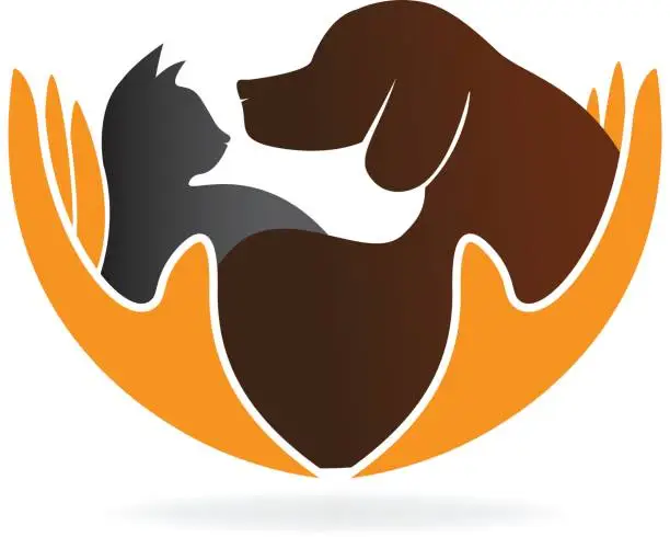 Vector illustration of Hands caring a dog and cat silhouettes