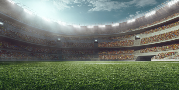 3D soccer stadium with green grass and bleachers full of people. Grass, lights stadium, and all other elements are made in 3D.