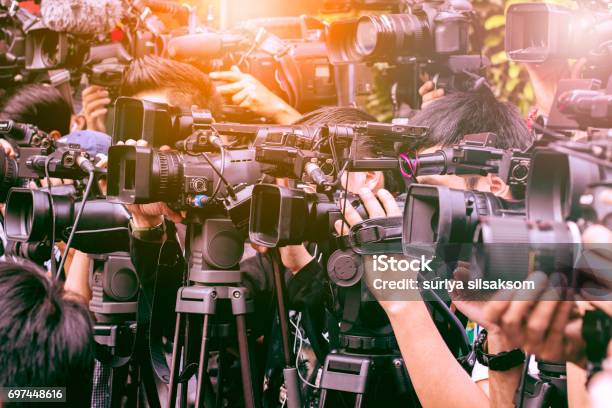Large Number Of Press And Media Reporter In Broadcasting Event Stock Photo - Download Image Now