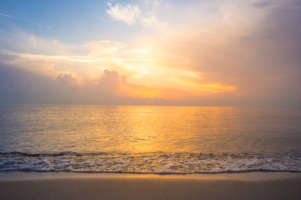 istock Beautiful sky, sunrise and waves at the beach 697449170