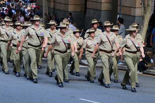 BRISBANE, AUSTRALIA - APRIL 25, 2017: Australian soldiers march in the ANZAC parade.