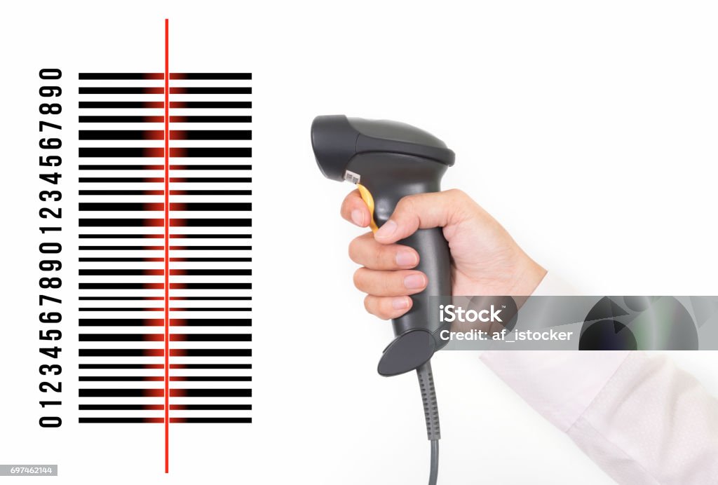 closeup of hand holding bar code scanner and scanning code on white background Bar Code Reader Stock Photo