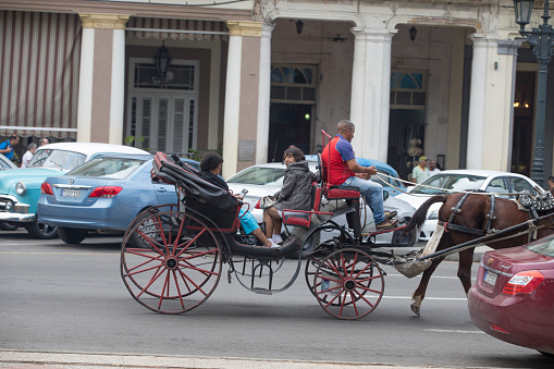 Horse and carriage with tourists passing by. Drivers at the front looking around.. Incidental people on the background.