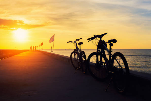 istock Silhouette Bicycle with beautiful landscape at sunset 697476372
