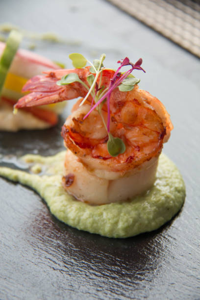 istock Grilled shrimp with sauce and chili. 697482270