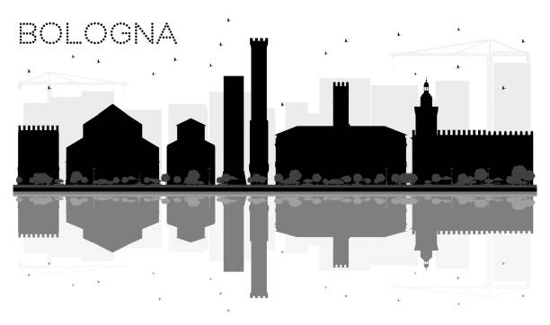 bologna city skyline schwarz-weiß silhouette mit reflexionen. - bologna stock-grafiken, -clipart, -cartoons und -symbole