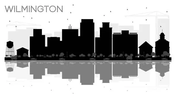 Vector illustration of Wilmington City skyline black and white silhouette with reflections.