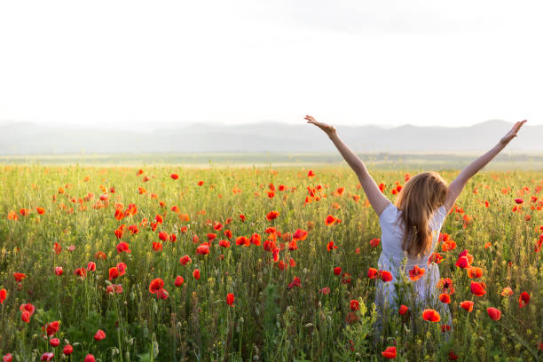 istock woman in poppy field with hands up turned back 697485878