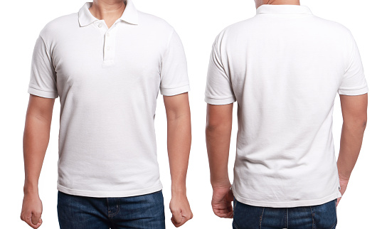 White polo t-shirt mock up, front and back view, isolated. Male model wear plain white shirt mockup. Polo shirt design template. Blank tees for print