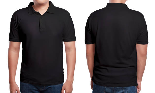 Black Polo Shirt Design Template Black polo t-shirt mock up, front and back view, isolated. Male model wear plain black shirt mockup. Polo shirt design template. Blank tees for print polo shirt stock pictures, royalty-free photos & images