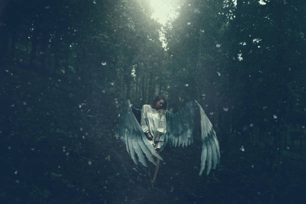istock fallen angel in the winter forest 697493896