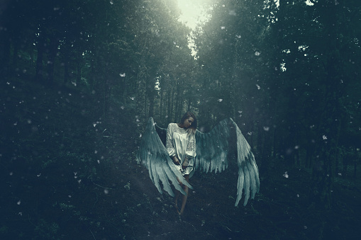 sad fallen angel in the forest with dirty wings looking down. photo taken in the forest while snowing.
