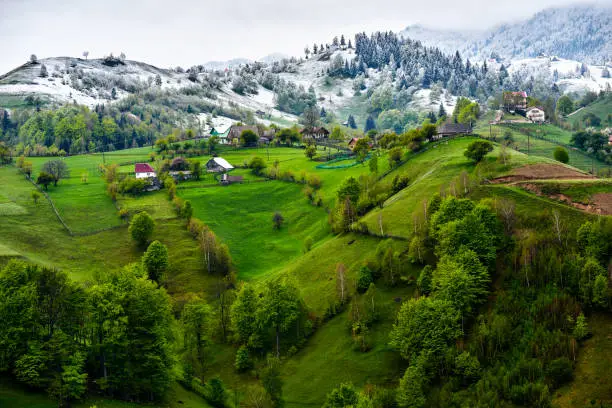 nature landscape with green fresh hill and the other part with snow on it, no people.