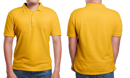 Orange polo t-shirt mock up, front and back view, isolated. Male model wear plain orange shirt mockup. Polo shirt design template. Blank tees for print