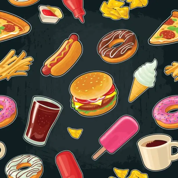 Vector illustration of Seamless pattern fast food. Cup cola, coffee, donut, ice cream