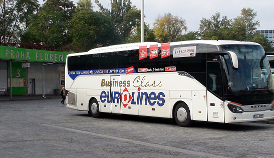 Scene Of Eurolines International Passenger Bus Parked At Praha Florenc Bus Station In Czech Republic Europe