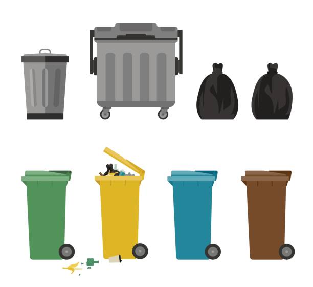 Garbage cans flat icons Garbage cans and bags in flat style. Vector icons of garbage bags, dumpsters and cans. black trash bin stock illustrations