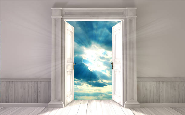 habitación vacía con puerta abierta. render 3d - opportunity door new cloud fotografías e imágenes de stock