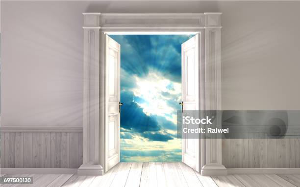 Empty Room With Opened Door 3d Rendering Stock Photo - Download Image Now - Heaven, Door, Chance