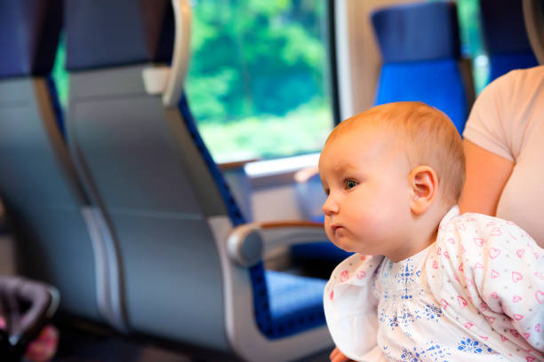 istock Little cute baby with blue eyes,  in a train 697503176