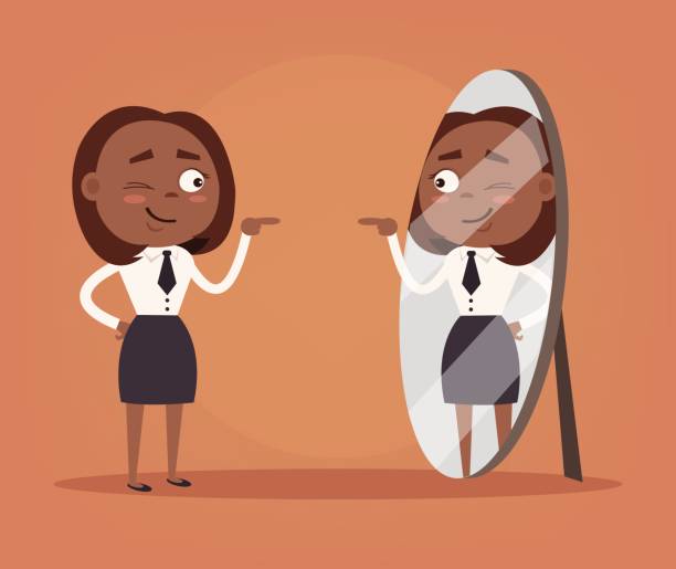 счастливый улыбающийся самовлюбленный черный афро-американский бизнес-женщина офисный работник характер смотрит в зеркало - human head black women dress stock illustrations