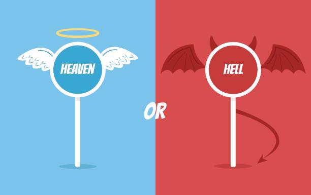 рай или ад дорожный знак - expressing positivity devil angel moral dilemma stock illustrations