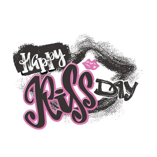 Happy kiss day calligraphic lettering poster. Happy kiss day calligraphic lettering poster.Modern dry brush ink artistic print. Handdrawn trendy design with authentic and unique scrapes, watercolor blotted background. kissing on the mouth stock illustrations
