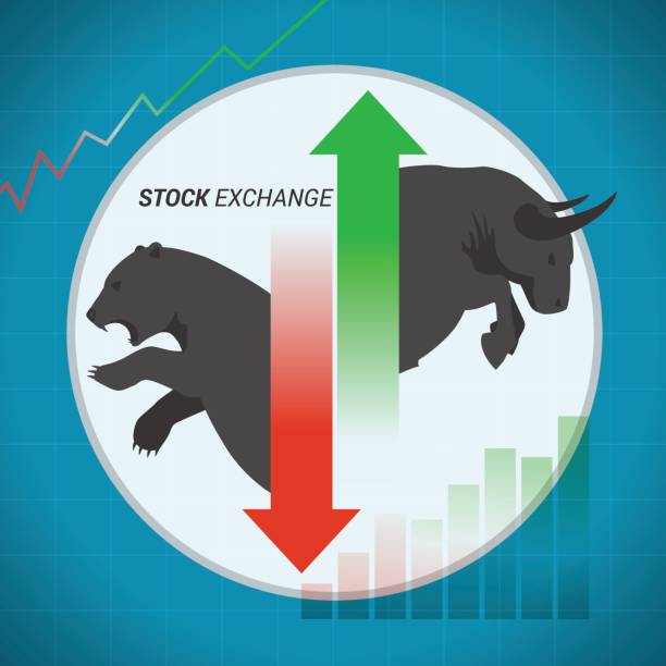 ilustraciones, imágenes clip art, dibujos animados e iconos de stock de mercado de valores concepto toro vs oso arriba y abajo flecha - stock market bull bull market bear