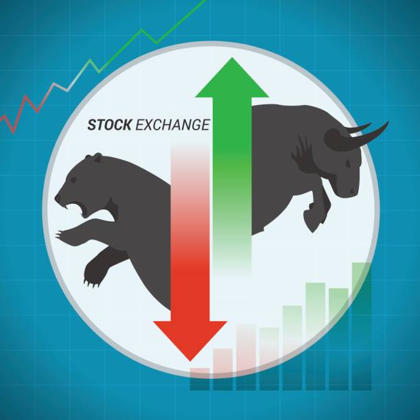 illustrazioni stock, clip art, cartoni animati e icone di tendenza di il concetto di borsa bull vs bear up and down arrow - stock market bull bull market bear