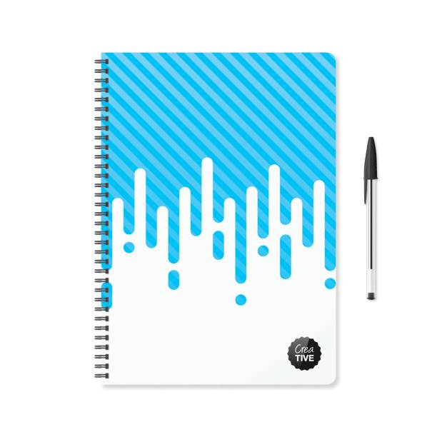 шаблон блокнота с абстрактным синим фоном и шариковой ручкой - note pad book spiral notebook ring binder stock illustrations