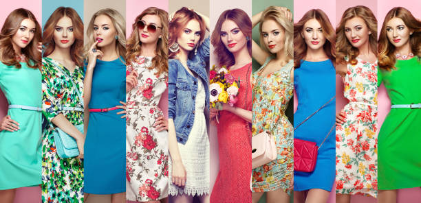 grupo de hermosas mujeres jóvenes - floral dress fotografías e imágenes de stock
