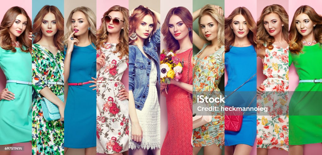 Group of beautiful young women Fashion collage. Group of beautiful young women. Blonde young woman in floral spring summer dress. Girl posing. Summer floral outfit. Stylish wavy hairstyle. Fashion photo Fashion Stock Photo