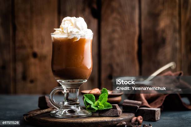 Iced Cocoa Drink With Whipped Cream Cold Chocolate Beverage Coffee Frappe On Dark Background Stock Photo - Download Image Now