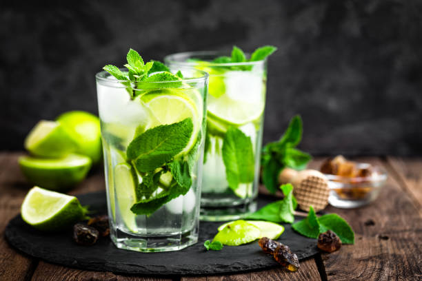 istock Refreshing mint cocktail mojito with rum and lime, cold drink or beverage with ice 697511670