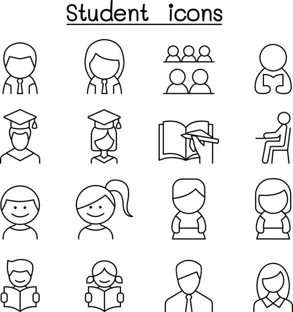 ilustrações, clipart, desenhos animados e ícones de conjunto de ícones de estudante & educação no estilo de linha fina - nerd student female exam