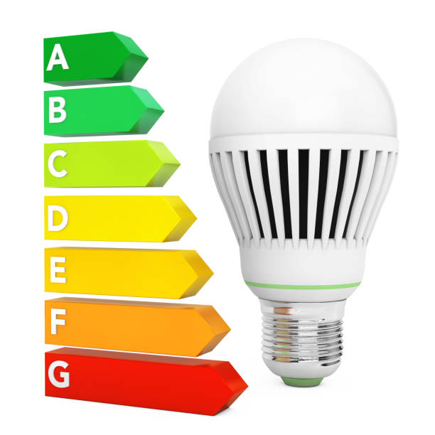istock LED Bulb near Energy Efficiency Rating Chart. 3d Rendering 697518222