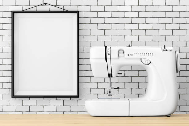 istock Modern White Sewing Machine in front of Brick Wall with Blank Frame. 3d Rendering 697520356