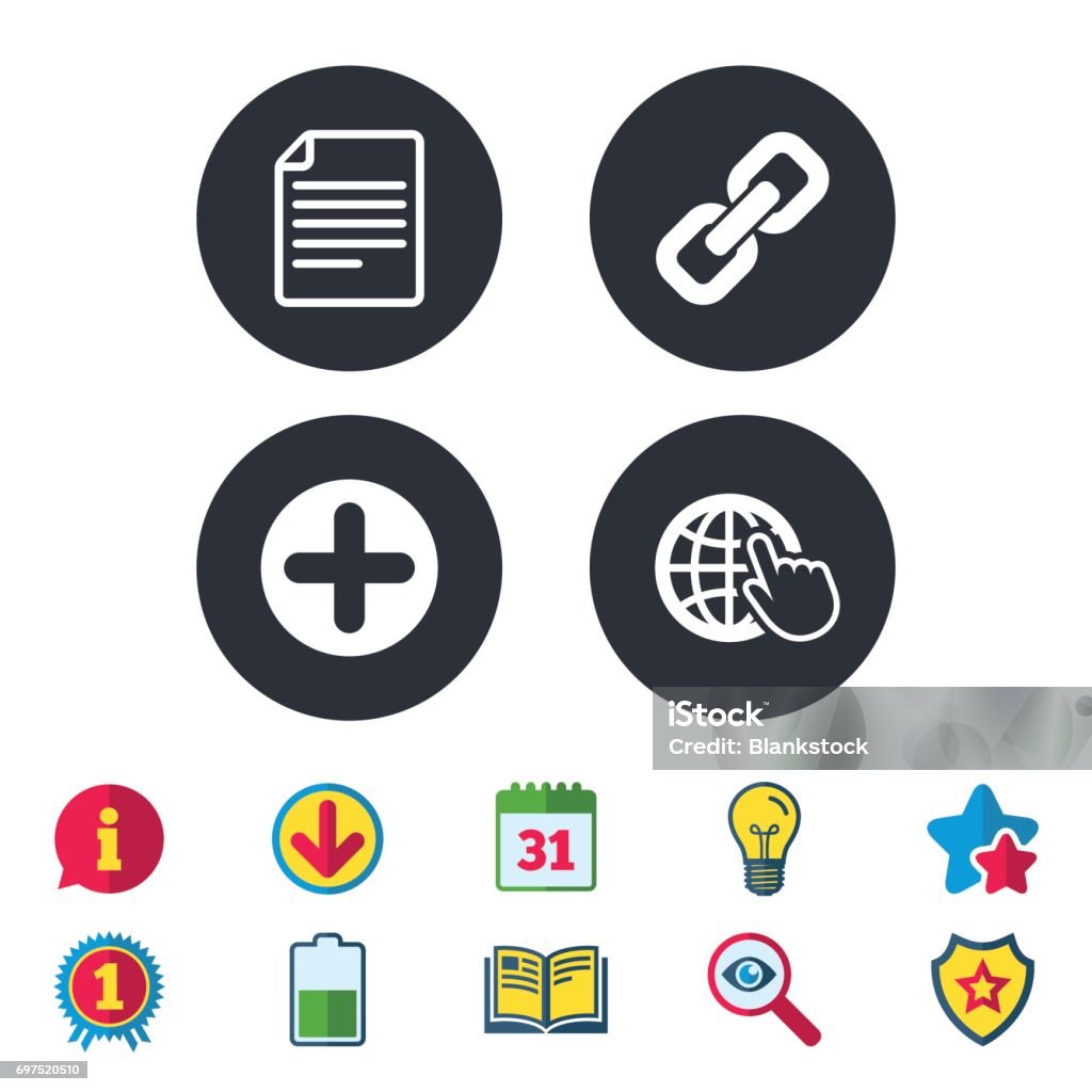 Plus circle and hyperlink signs. File, globe. Plus add circle and hyperlink chain icons. Document file and globe with hand pointer sign symbols. Calendar, Information and Download signs. Stars, Award and Book icons. Light bulb, Shield and Search Appendix stock vector