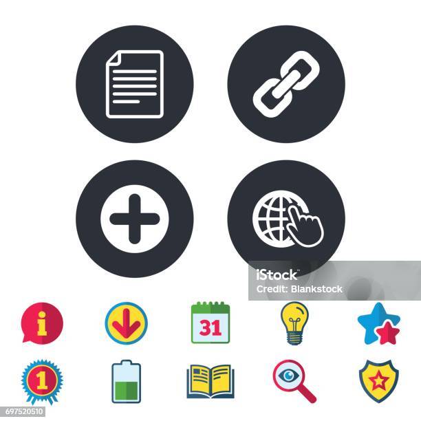 Plus Circle And Hyperlink Signs File Globe Stock Illustration - Download Image Now - Appendix, Award, Badge