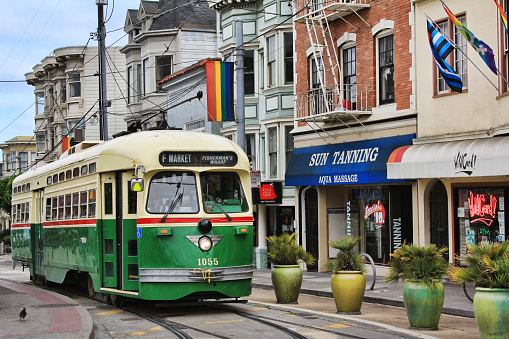 SAN FRANCISCO, CA, USA - SEPTEMBER 12, 2013: The Louisville Railway Company: green & cream, with red stripe on the streets of 12 September 2013