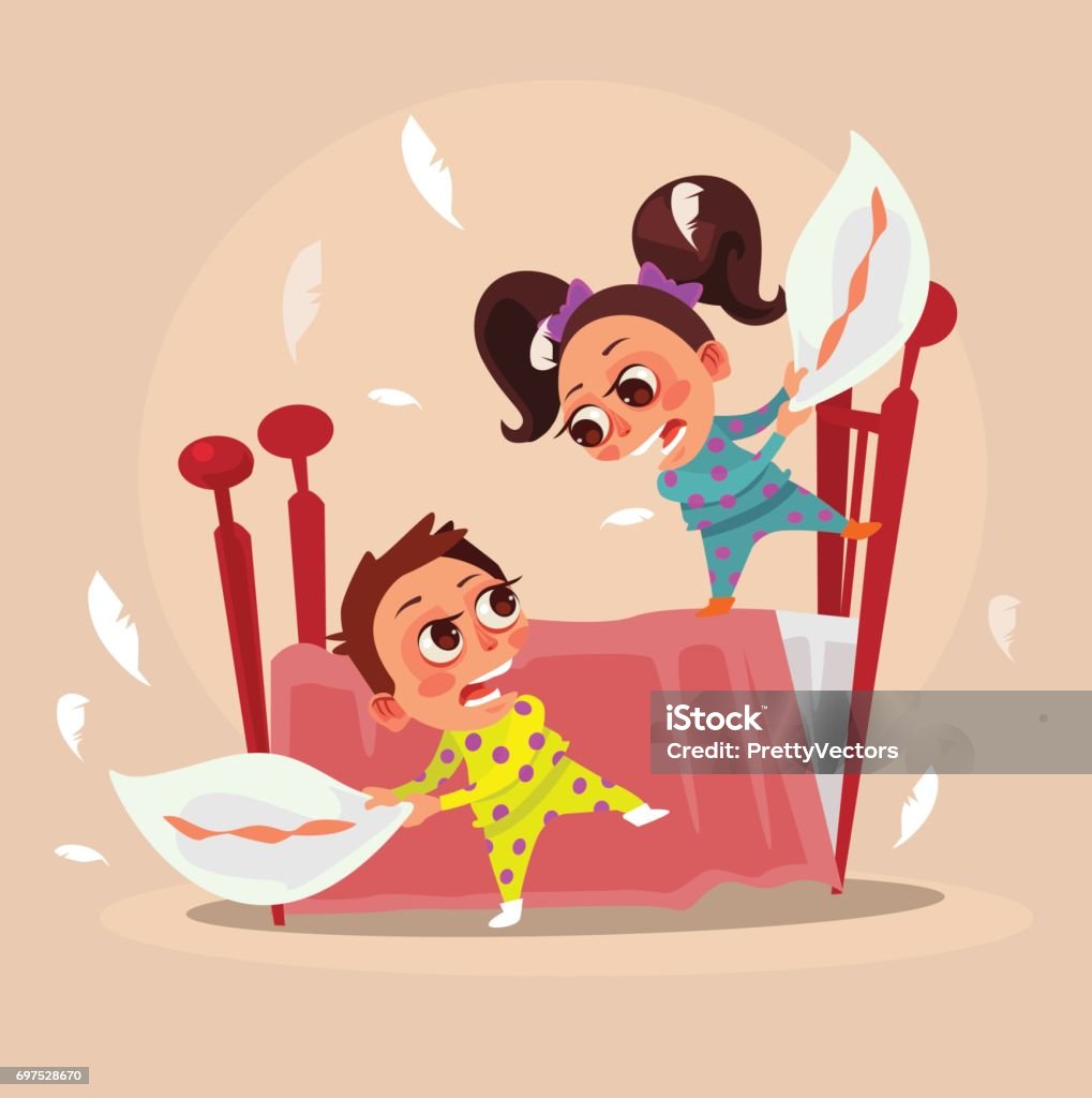 Happy smiling little children brother boy and sister girl characters fight with pillows Happy smiling little children brother boy and sister girl characters fight with pillows. Vector flat cartoon illustration Brother stock vector