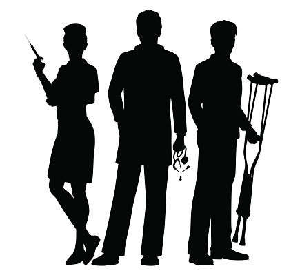 Editable vector silhouettes of a doctor and nurse medical team