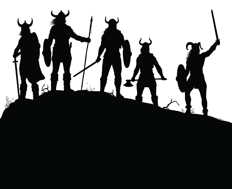 Editable vector silhouettes of a viking raiding party on a windswept outcrop with all figures and weapons as separate objects