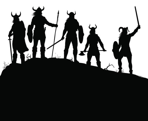 Viking raiders silhouette Editable vector silhouettes of a viking raiding party on a windswept outcrop with all figures and weapons as separate objects tousled stock illustrations